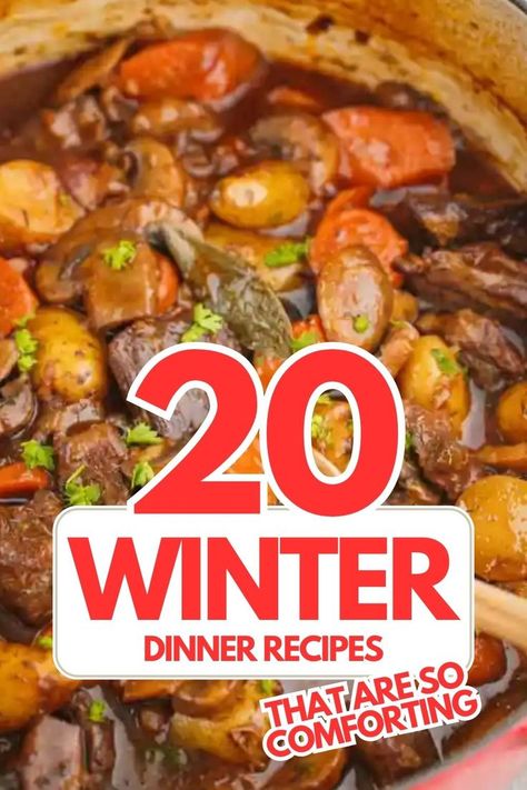 Hearty and delicious comfort food dinner recipes to feed your family during winter! Winter Dinner Ideas For Two, Winter Meals Dinners Comfort Foods, Winter Sunday Dinner, Rainy Day Dinners, December Dinner Ideas, Dinner Recipes For Winter, Winter Food Ideas, Dinner Recipes Winter, Winter Food Recipes