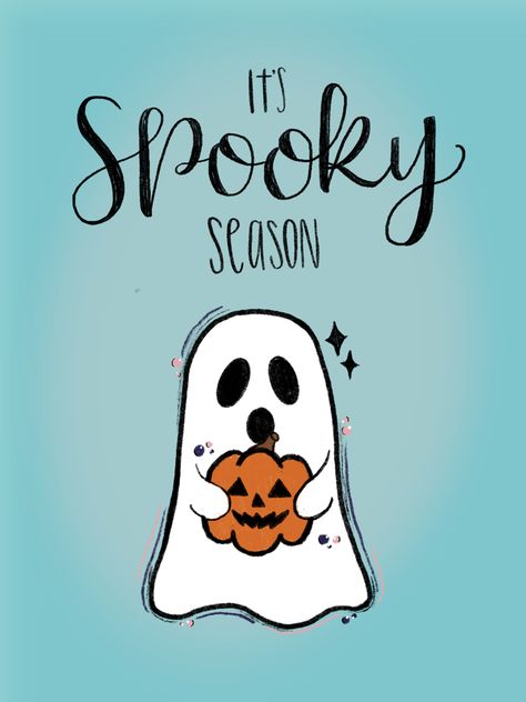 Ghost holding a pumpkin drawing. Written text, “It’s Spooky Season.” Ghost Holding Pumpkin Drawing, Ghost Background, Ghost Holding Pumpkin, Ghost Holding A Pumpkin, Cute Halloween Cakes, Pumpkin Background, October Daily, Butterfly Tattoos On Arm, Summer Magic