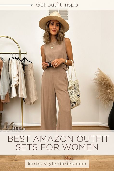 Neutral Fall Colors Outfits, Light Neutral Outfit Ideas, Neutral Sets Outfit, Women Neutral Outfits, Monochromatic Neutral Outfit, Amazon Set Outfit, Vacation Outfits Minimalist, Amazon Sets For Women, Amazon Two Piece Set