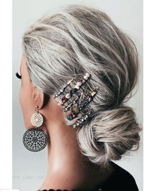 Cute Updo Hairstyles, Cute Hairstyles Updos, Grey Hair Inspiration, Gray Hair Growing Out, Grey Hair Styles For Women, Updo Styles, Hairstyles For Medium Length Hair Easy, Blending Gray Hair, Rhinestone Hair Clip