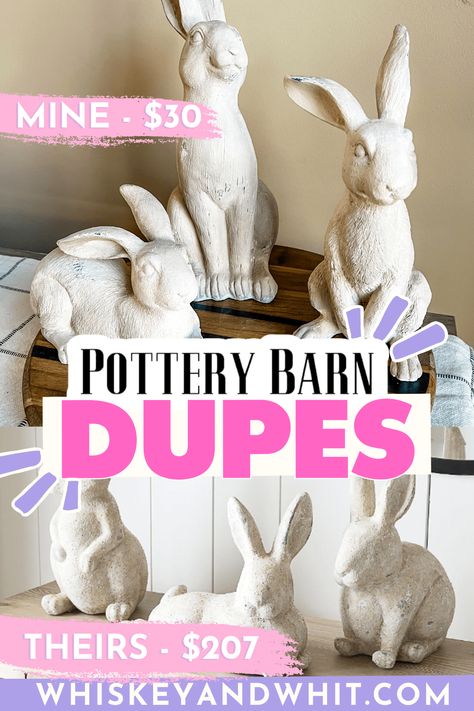 DON’T BUY & DIY these Spring Decor Dupes to SAVE HUNDREDS! Easter Pottery Barn, Kirkland’s & West Elm Dupes - Whiskey & Whit Diy Rabbit Decor, Repainting Ceramic Figurines, Pottery Barn Spring 2024, Dollar Tree Bunny Topiary Diy, Subtle Spring Decor, Neutral Easter Decor Ideas, Easter Decor Ideas For The Home, Diy Easter Bunny Crafts, Coastal Easter Decor