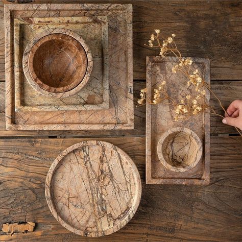 Rainforest Marble Trays✨ Bringing an earthy, artisanal feel to spaces. Hand carved pieces feature a multitude of browns, terracottas and tans with a web of dark brown veins. We like to use it in the bathroom to organize cosmetics and jewelry, in the entryway or on a side console layered with decor pieces✨ Price range from $54 - $124 dependent on shape & size Organize Cosmetics, Bike Planter, Side Console, Outdoor Living Furniture, Kitchen Counter Stools, Gift Card Design, Dash And Albert Rugs, Marble Tray, The Rainforest