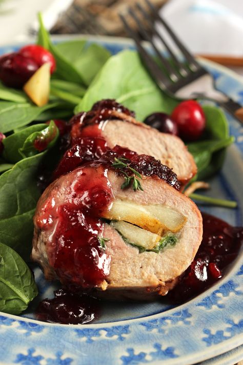 Manchego and Pear Pork Tenderloin Recipe Pork Crockpot Recipes, Pork Tenderloin Recipe, Tenderloin Roast, Tenderloin Recipe, Cranberry Relish, Pork Roast Recipes, Stuffed Pork, Steamed Green Beans, Manchego Cheese