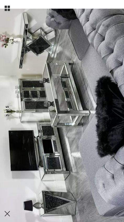 Black And Silver Apartment Decor, Crushed Diamond Living Room, Crushed Diamond Decor, Black And Silver Living Room Decor, Mirrored Living Room, Black And Silver Living Room, Silver Living Room Decor, Silver Living Room, Silver Sofa