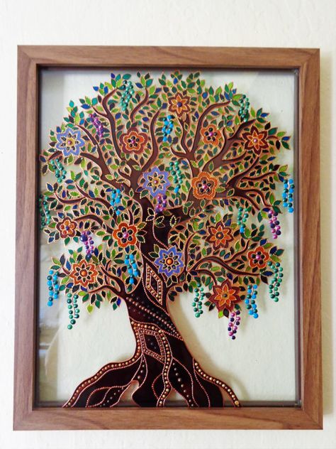 Tree Of Life Artwork, Bohemian Painting, 3d Relief Art, Family Tree Art, Glass Painting Patterns, Tree Of Life Art, Suncatcher Window, Glass Painting Designs, Lotus Art