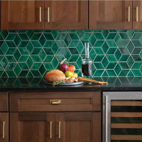 Styles Of Kitchen Cabinets, Diamond Tile Backsplash, Diamond Backsplash, Black Painted Walls, Kitchen Splashback Tiles, Green Backsplash, Colorful Backsplash, Mercury Mosaics, Artisan Tiles