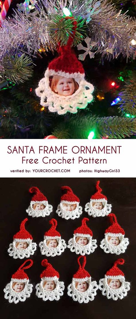 Crochet Decorations, Crochet Christmas Ornaments Free, Frame Ornament, Picture Frame Ornaments, Crochet Santa, Crochet Xmas, Crochet Christmas Decorations, Fun Christmas Decorations, Crochet Ornaments