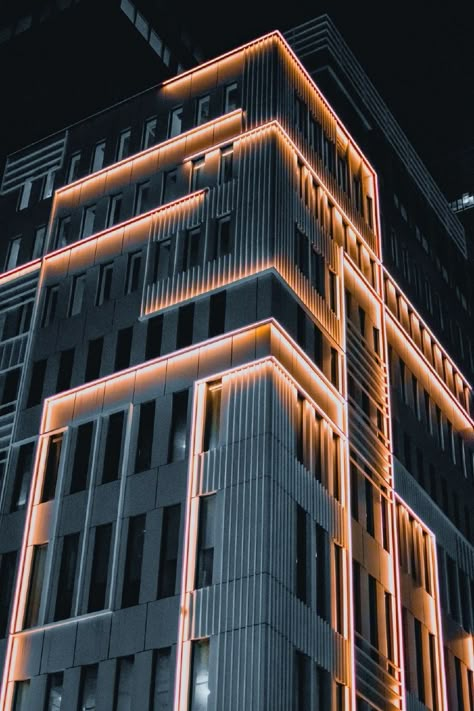 Building Facade Lighting Design, Building Lighting Exterior, Facade Lighting Architecture, Facade Lighting Design, Hotel Lighting Design, Building Lighting, Brown Concrete, Exterior Lighting Design, Hotel Light