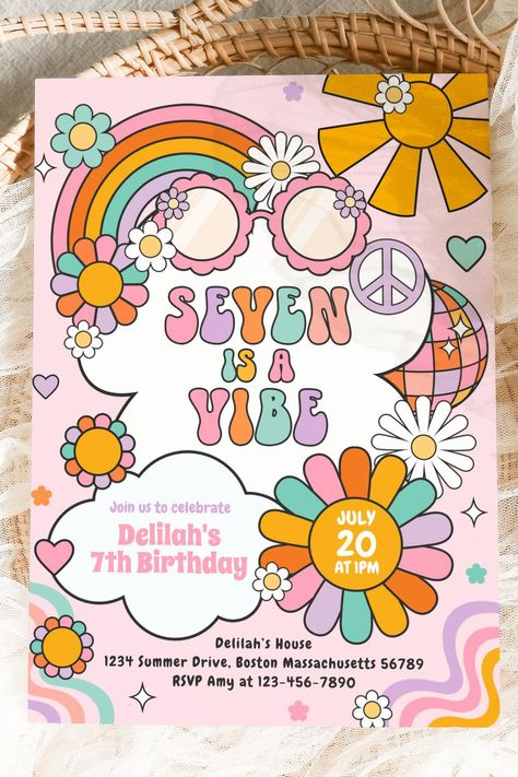 Seven Is A Vibe Groovy 70s Flower Power Birthday Invitation Flower Power Birthday, Five Is A Vibe, Flower Power Party, Hippie Birthday Party, 70s Flower Power, Hippie Birthday, Rainbow Birthday Invitations, Groovy 70s, Retro Birthday