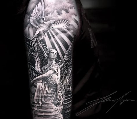 Tattoo Angels, Angel Sleeve Tattoo, Pigeon Tattoo, Underarm Tattoo, Angelo Guerriero, Sky Tattoos, Forearm Tattoo Quotes, Dna Tattoo, Tattoo Black And Grey