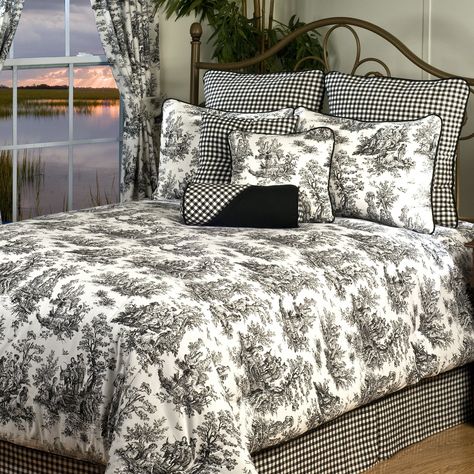 Adorn your bed with this Plymouth bedding set. Comforter set features a traditional black and white toile. Bedding set includes one queen comforter, one bedskirt, two standard shams, two euro shams and three decorative pillows Dramatic Bedroom, Black Comforter, Cotton Comforter Set, Luxury Bedding Set, Perfect Bedding, Bedding Essentials, Comfortable Bedroom, Queen Bedding Sets, Bedding Stores