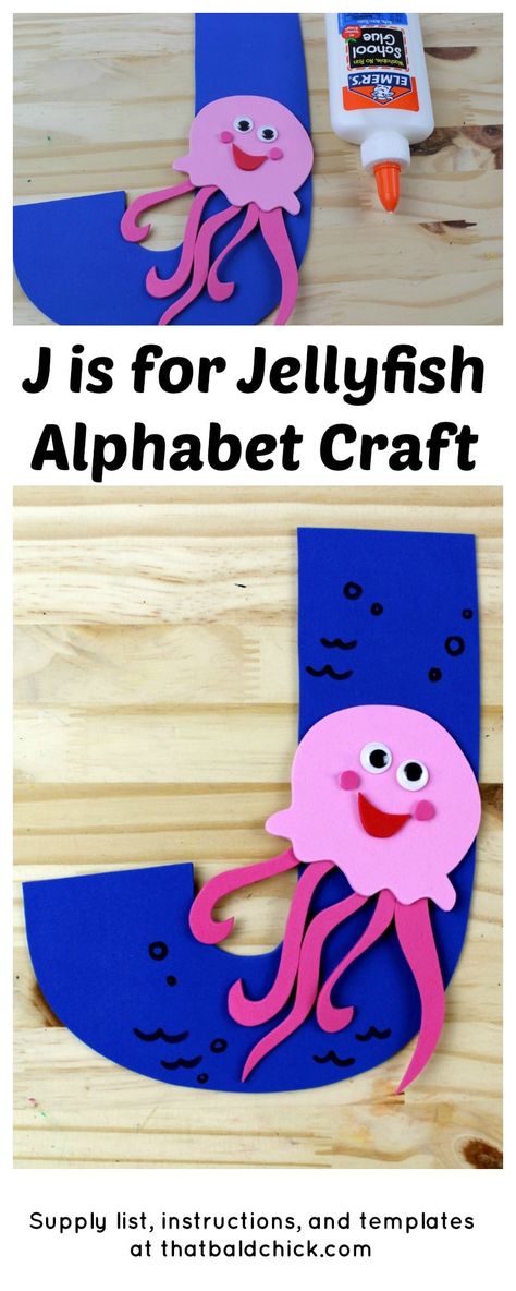 J is for Jellyfish Alphabet Craft - supply list, instructions, and templates at thatbaldchick.com Balloon Crafts Preschool, J Is For Jellyfish, Letter J Crafts, Drawing Jellyfish, Cartoon Jellyfish, Jellyfish Blue, White Jellyfish, Preschool Letter Crafts, Aesthetic Jellyfish