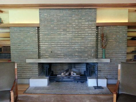 Living room fireplace at the Meyer May House Frank Lloyd Wright Style, Dream Fireplace, Fireplaces For Sale, Frank Lloyd Wright Architecture, Brick Detail, Small Fireplace, Old Fireplace, Cove Lighting, Grand Rapids Michigan