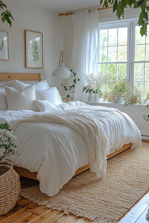 White and wood bedroom ideas create a warm, natural haven. Explore crisp white bedding, light wood furniture, and organic textures. Discover white walls with wood accent pieces, wooden headboards, and woven baskets. Find inspiration for white linens with wood-toned throw pillows, natural fiber rugs, and botanical prints to design a serene and inviting bedroom retreat that balances clean simplicity with rustic charm. White Wood Bedroom Ideas, White And Wood Bedroom Ideas, White Bed Frame Bedroom Ideas, White Leather Bed Frame, White And Wood Bedroom, All White Bed, No Headboard Ideas, Wood Bedroom Ideas, White Leather Bed