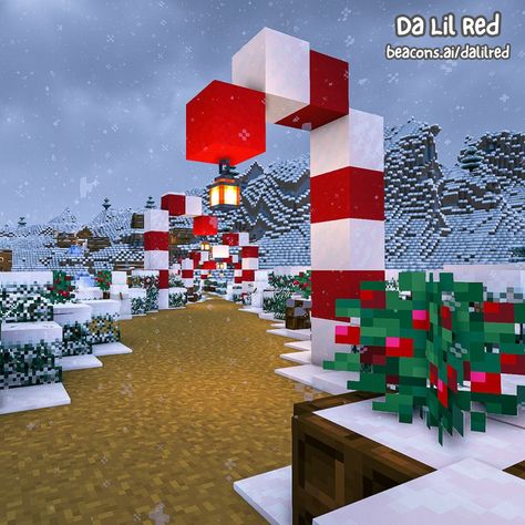 We started a cozy winter Let's Play series on YouTube & I love how our Candy Cane Paths turned out ❄️⁠ #dalilred #minecraft #dalilredminecraft #dalilredletsplay #minecraftbuilder #minecraftbuilds #cottagecoreminecraft #minecraftaesthetic #aesthetics #aestheticdesign #minecraftpc #minecraftinsta #minecrafter #cottagecoreaesthetic #cottagecore #aesthetic #minecraftjava #cozyminecraft #dalilredcozy #letsplay #redswinterworld #redsworld #starterhouse #dalilredsworld Mincraft Idea Houses In Snow, Minecraft Christmas Aesthetic, Cute Christmas Minecraft Builds, Minecraft Candy Cane, Christmas Ideas Minecraft, Christmas Decor Minecraft, Minecraft North Pole, Minecraft Winter Ideas, Minecraft Building Ideas Winter