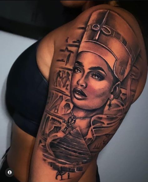 Unique Sleeves Tattoos, Egyptian Side Tattoo, Leg Tattoo Egyptian, Portrait Sleeve Tattoo For Women, Eygptain Tattoos For Women, Egpty Gods Tattoo, Egyptian Tattoo For Women, Queen Nefertiti Tattoo, Egyptian Queen Tattoos