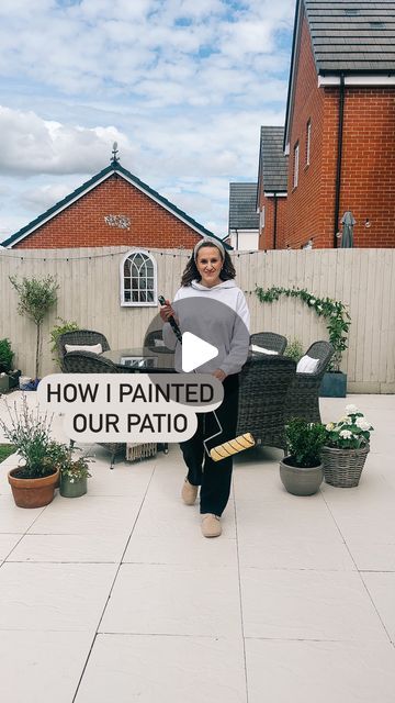 Kayla Reynolds on Instagram: "Here’s the step by step of how I painted our patio slabs!   This is a temporary solution until I get my dream patio one day 🤞🏼 but for now this will have to do and, despite being initially unsure and the change taking some getting used to, I actually really like it!   Shame we’ve shot straight to November so I can’t sit outside right now, will we EVER see any sun?!   Don’t forget to save for future reference if you’re thinking of painting your patio 🙌🏼  #paintedpatio #paintedslabs #patiopainting #masonrypaint #budgetgardenmakeover #budgetgardening" Painted Slabs Patio, Painted Paving Slabs Patio, Painted Patio Slabs Outdoor Spaces, Concrete Patio Paint Ideas, Patio Painted Concrete, Patio Paint Ideas, Patio Paint, Paint Concrete Patio, Patio Slabs