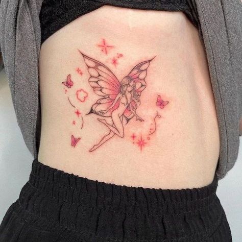 Red Fairy Tattoo, Elegance Tattoo, Feminine Tattoo Ideas, Colorful Fairy, Red Fairy, Sigil Tattoo, Quote Tattoos, Floral Tattoos, Kawaii Tattoo