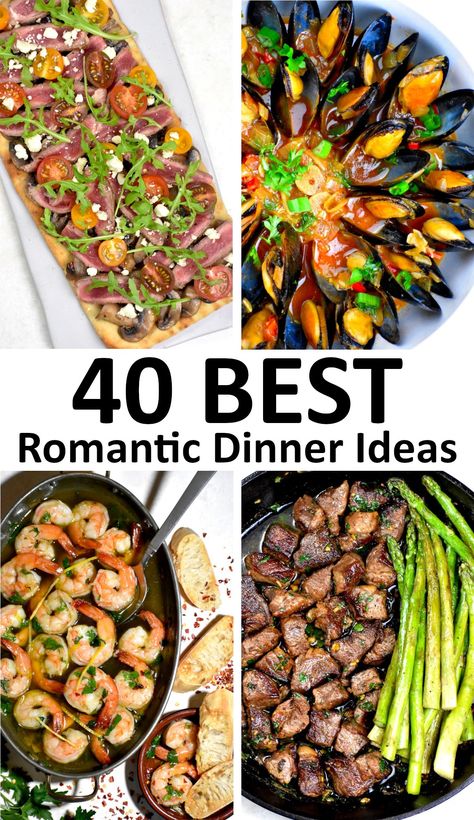 This great collection of Romantic Dinner Ideas is perfect for Valentine's day, anniversaries, date nights and other special occasions. Romantic Dinner For Him, Recipes For Romantic Dinner, Wedding Anniversary Dinner, Romantic Fish Dinner For Two, Romantic Dinner Menu For Two, Anniversary Dinner Recipes, Valentines Day Meals Romantic Dinners, Date Night Fish Dinner Recipes, Romantic Seafood Dinner For Two