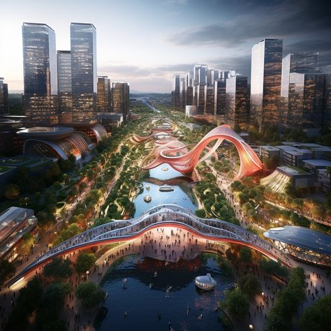 Theme: Future of the City, Location: About Chengdu High tech Zone, Elements: The Development and Future Outlook of the City, Getting Closer to Real Life, Not Too Idealized. Chengdu Cultural Elements can be Added to Iconic Buildings in Chengdu (Global Plaza, Financial City Twin Towers, Internet Red Bridge, South Railway Station Size City Development Ideas, High Tech City, Egypt Cities, Kota Masa Depan, City Infrastructure, City Development, Landscape And Urbanism Architecture, Sci Fi Architecture, مركز ثقافي