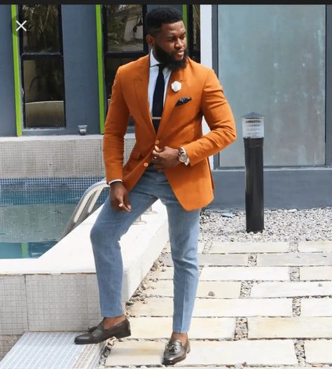 Blue Pants Men, Orange Blazer, Awesome Beards, Dress Up Outfits, Man Fashion, Orange Shirt, Fall 2022, Grey Pants, Formal Outfit