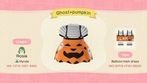 Pumpkin dress spooky ghosts black and white striped Halloween dress fall animal crossing new horizons Fall Animal Crossing, Acnh Pumpkin, Halloween Acnh, Acnh Halloween, Acnh Fashion, Ac Codes, Clown Dress, Cozy Games, Animals Crossing