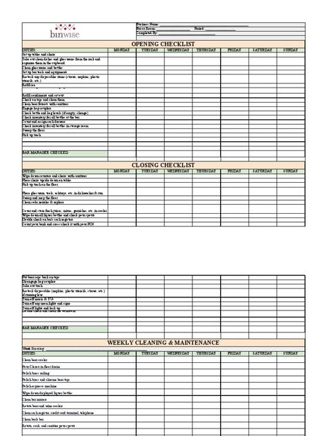 This document contains opening, closing, weekly maintenance, and shift change checklists for a bar or restaurant. The opening checklist details duties like setting up tables and chairs, organizing clean dishes and glassware, cleaning glassware and bottles, and stocking items. The closing checklist includes duties such as wiping down surfaces, sweeping and mopping floors, running the dishwasher, and locking up. The weekly maintenance checklist lists tasks like cleaning the beer cooler, floors ... Closing Checklist, Mopping Floors, Monday Tuesday Wednesday Thursday Friday, Maintenance Checklist, Beer Cooler, Friday Saturday Sunday, Monday Tuesday Wednesday, Floor Drains, The Shift