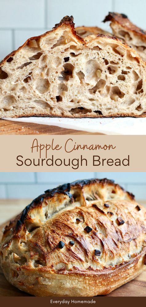 Enjoy the flavors of fall with our Apple Cinnamon Sourdough Bread recipe! Made with an active sourdough starter, this bread features fresh apples and cinnamon for a taste like apple pie. Perfect for breakfast or a snack, this sourdough bread is easy to make and delicious. Try this simple sourdough bread recipe with fall sourdough inclusions today! Soughdough Bread Recipe, Recipes From Sourdough Starter, Sourdough Apple Bread Recipe, Fall Sourdough Recipes Bread, Sourdough Apple Loaf, Fall Sourdough Bread Flavors, Autumn Sourdough Bread, Fall Sourdough Flavors, Sourdough Flavor Ideas