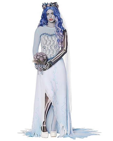 Adult Corpse Bride Costume - The Signature Collection - Spirithalloween.com Corpse Costume, Home Halloween Costumes, Corpse Bride Costume, Sally Costume, Skirt Tights, Print Tights, Bride Costume, Blue Wig, Ways To Show Love