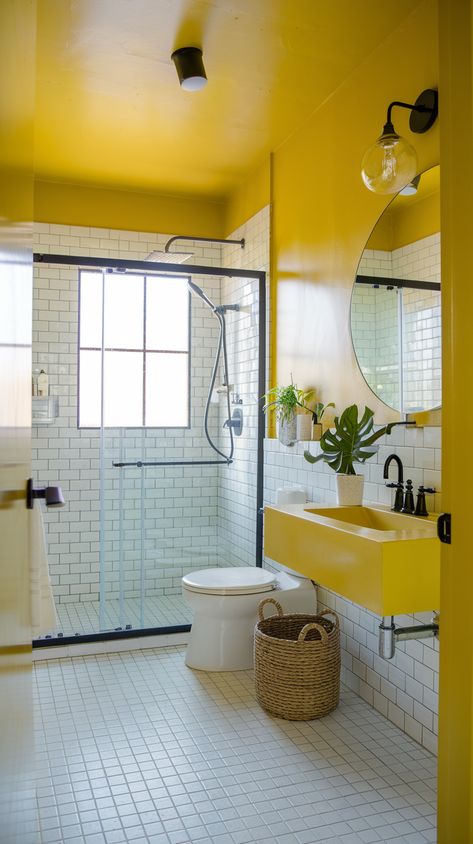 Yellow Bathroom Ideas, Yellow Bathroom Tiles, Yellow Grey Bathroom, Unique Decor Ideas, Frame Bathroom, Yellow Shower Curtains, Space Vintage, Silver Bathroom, Ombre Wall