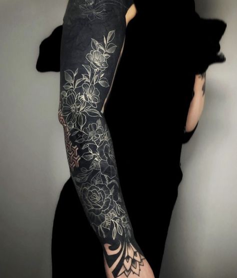 White On Black Tattoo, White Over Black Tattoo, Blast Over Tattoo, Arm Cover Up Tattoos, Black Sleeve Tattoo, All Black Tattoos, White Tattoos, Filigree Tattoo, Black Art Tattoo