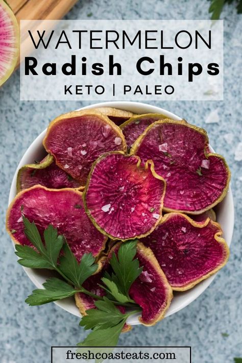 Baked Watermelon, Watermelon Radish Recipe, Roasted Watermelon, Radish Recipe, Radish Chips, Easy Spring Recipes, Food Competition, Watermelon Radish, Radish Recipes