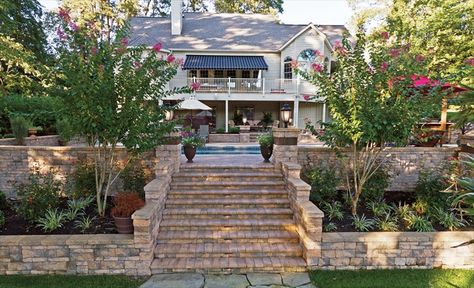 Tiered Garden Bed, Brick Retaining Wall, Garden Staircase, Tiered Landscape, Yard Entrance, Inground Pool Landscaping, Porch Stairs, Garden Retaining Wall, Yard Inspiration