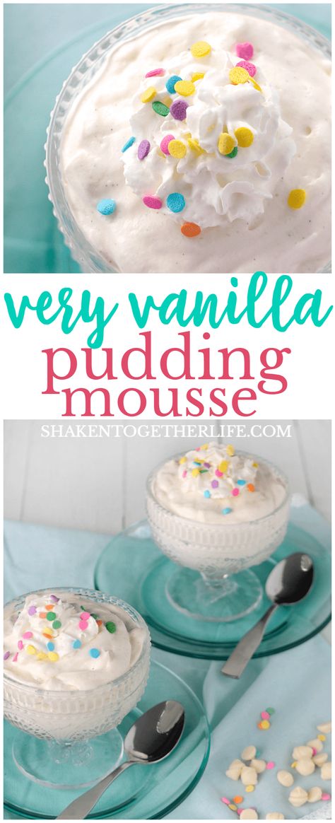 Creamy and fluffy, this Very Vanilla Pudding Mousse is a super simple no bake dessert with BIG vanilla flavor! Vanilla Pudding Desserts Easy, Vanilla Pudding Mousse, Vanilla Mousse Recipe, Instant Pudding Desserts, Movie Meals, Vanilla Pudding Desserts, Dessert Jar, Jello Pudding Recipes, Jello Pudding Desserts