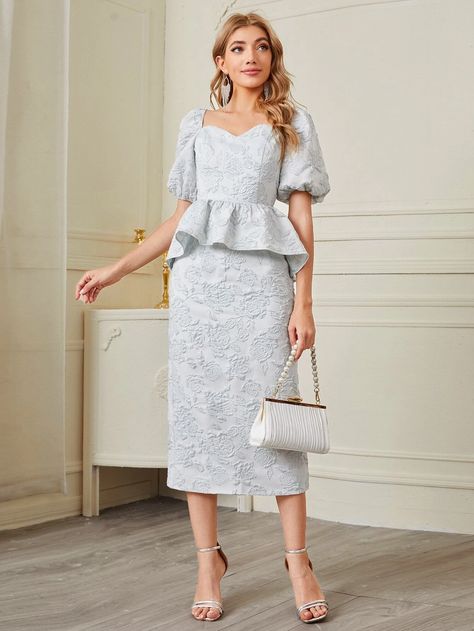 Puff Sleeve Jacquard Peplum Top & Skirt Set | SHEIN USA Peplum Top With Skirt, Coord Sets, Printed Peplum Top, Peplum Tops, Peplum Skirt, Gown Pattern, Skirt And Top Set, Top Skirt Set, Co Ords