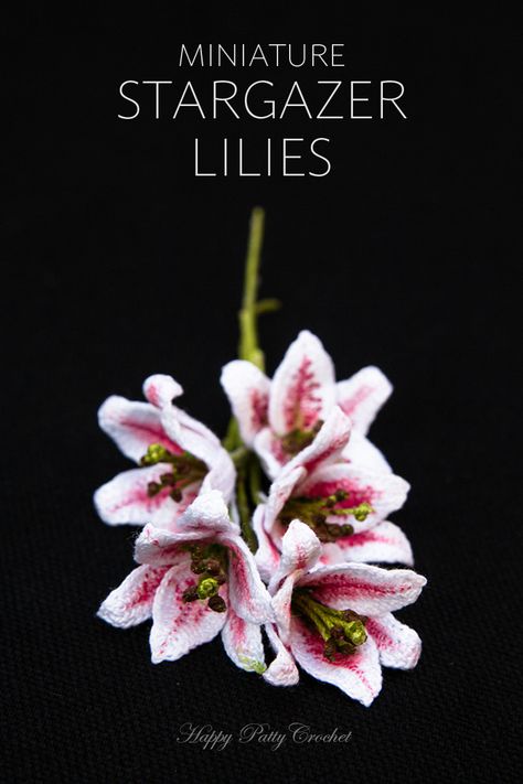 Little Crochet Lilies inspired by the Stargazer variety by Happy Patty Crochet Crochet Lilies, Crochet Poinsettia, Crochet Heart Patterns, Crochet Web, Puff Flower, Rose Patterns, Lily Pattern, Crocheted Flower, Water Lilly