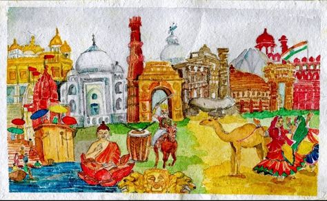 In this painting I have depicted the historical sites of India- Red fort, Golden temple, Victoria Memorial , India Gate, and other historical sites . I have also depicted India's heritage and culture - the Rajasthani folk dance, Gautam Buddha an asset to the world from India . Heritage Of India Paintings, Rajasthani Folk Dance, Heritage Drawing, Ganesha Artwork, Art Competition Ideas, Heritage Paint, Independence Day Drawing, Scratch Book, India Poster