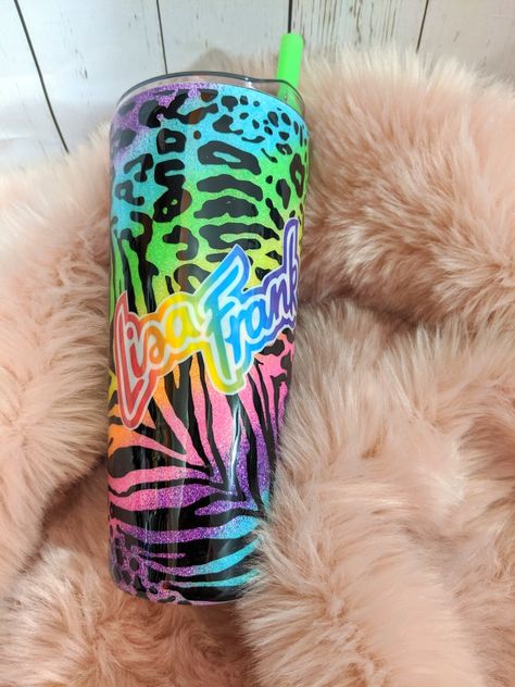 Lisa Frank Cup Tumbler, Lisa Frank Tumbler Ideas, Lisa Frank Tumbler, Tumbler Inspiration, Tumblr Cup, Epoxy Cups, Yeti Cups, Epoxy Tumblers, Glitter Tumbler Cups