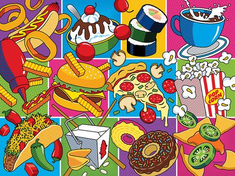 Food Essentials by Ron Magnes #popart Ron Magnes, Food Essentials, Pop Art Party, Pop Art Food, Pop Art Style, Art Food, Middle School Art, Art Party, Elementary Art