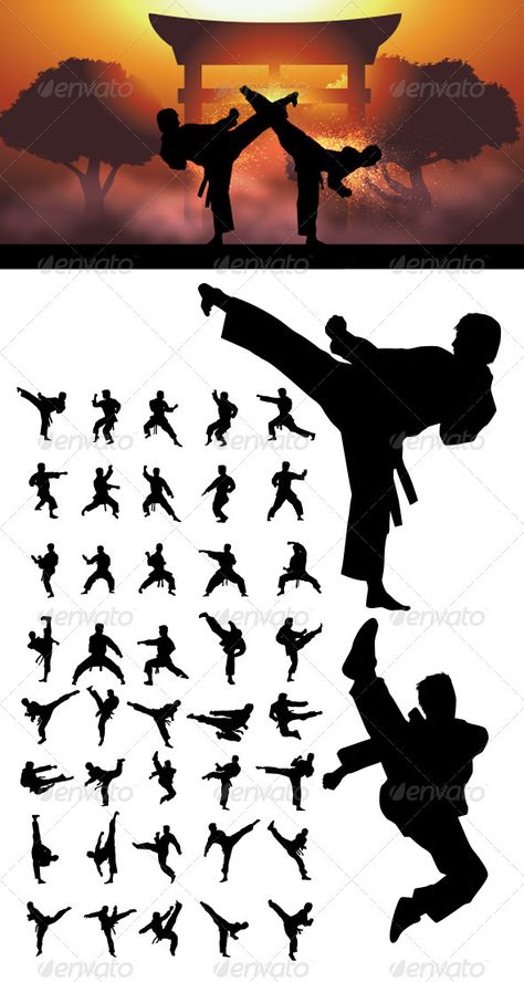 Taekwondo and Karate Silhouettes #GraphicRiver Nice and High Detail vector. In this files include AI and EPS versions. You can open it with Adobe Illustrator CS and other vector supporting applications. I hope you like my design, thanks visit my silhouettes collection graphicriver /collections/3119286-silhouettes Created: 4January13 GraphicsFilesIncluded: VectorEPS #AIIllustrator Layered: No MinimumAdobeCSVersion: CS Tags: TaeKwonDo #action #background #clip #effect #fight #fist #japan #karate # Karate Moves, Karate Training, Trening Sztuk Walki, Kung Fu Martial Arts, Self Defense Martial Arts, Tae Kwon Do, Karate Martial Arts, Latihan Yoga, Siluete Umane