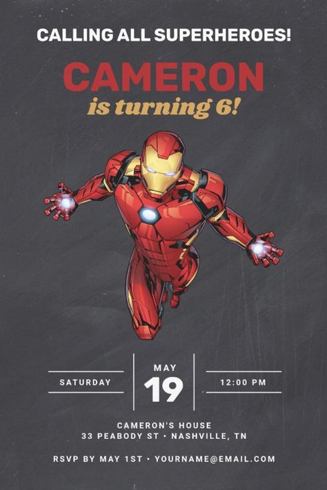 Iron Man Chalkboard Birthday Invitation
Invite all your family and friends to your child's Iron Man themed Birthday with these awesome Chalkboard Birthday invites. Personalize by adding all your party details! Iron Man Birthday Party, Iron Man Party, Iron Man Birthday, Superhero Birthday Invitations, Chalkboard Birthday, Disney Cars Party, Cars Party, Birthday Invites, Marvel Superhero