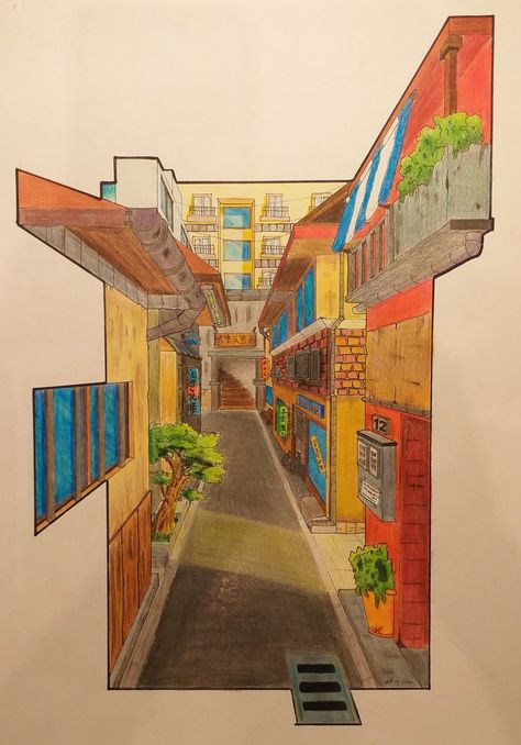 Prospective Reference City, Prospective Art, Prospective Drawing, Rural Japan, Three Point Perspective, 1 Point Perspective, City Sketch, Painting References, One Point Perspective