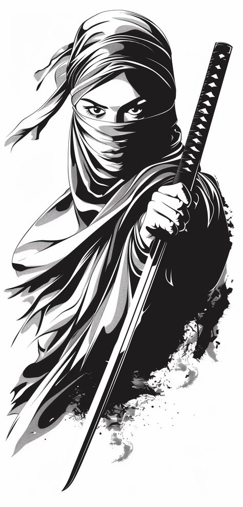 Samurai Woman Art, Ninja Tattoo Design, Female Samurai Tattoo, Ninja Tattoo, Ninja Japan, Geisha Samurai, Supporting Characters, Samurai Ninja, Female Ninja