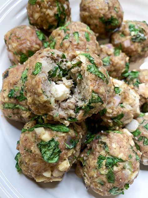 Feta Meatballs, Greek Meatballs Recipe, Greek Meatballs, Meatballs Easy, Bowtie Pasta, Meatballs Recipe, Chopped Spinach, Meatball Recipes, Cauliflower Rice