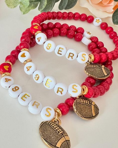 ✨ 🏈 📣 🎉Football is here!! • My team is The San Francisco 49ers but what are your team colors?? I am going to make some LAS Vegas Raiders Bracelets too! But the color combinations are endless of course! ☀️ • If interested in a custom one with your team colors just message me! 👍🏼 • Hope your weekend is going well thanks for being f here and supporting me, I see you and appreciate it more than you know!♥︎🙌🏼💯🙋‍♀️ • #football #49ers #sanfrancisco #yourteam #sundayfootball #letsgo #areyouready #fo... 49ers Bracelet Ideas, Boyfriend Bracelet, Football Bracelet, Football 49ers, Birthday Basket, Football Boyfriend, 49ers Football, Diffuser Jewelry, Boho Style Jewelry