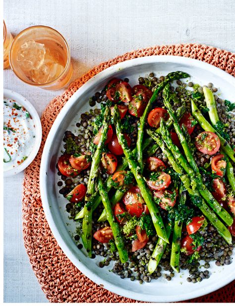 Puy lentil, asparagus and salsa verde salad by Natasha Corrett Asparagus Recipes, Veggie Meals, Seafood Salad, Lentil Salad, Asparagus Recipe, Budget Friendly Recipes, Salsa Verde, Fresh Salads, Healthy Salads