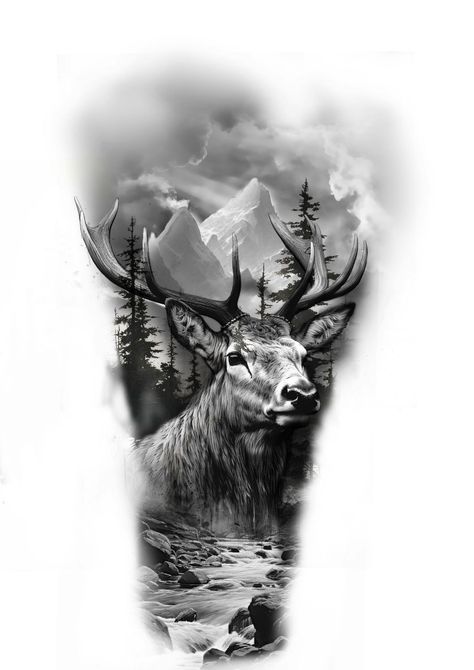 Deer Tattoo Drawing, Stags Head, Elk Portrait, Buck Tattoo, Deer Head Tattoo, Deer Tattoo Designs, Stag Tattoo, Wildlife Tattoo, Hunter Tattoo