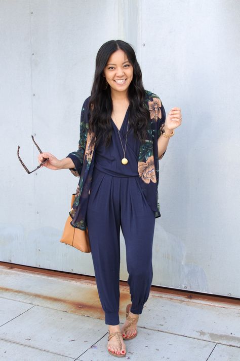 navy jumpsuit + floral wrap + tan sandals Summer Outfit Guide, Navy Jumpsuit, Everyday Casual Outfits, Dressy Casual Outfits, Cruel Summer, Solid Jumpsuit, Tank Outfit, Tan Sandals, Summer Capsule Wardrobe