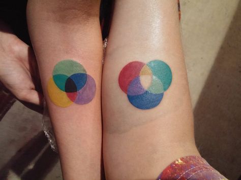 My wife and I got bro Tats. Additive and subtractive color wheels. Todd @ Two-Tone, Murfreesboro, Tn. - Imgur Color Wheel Tattoo, Non Permanent Tattoo, Aa Tattoos, Additive Color, Subtractive Color, Color Wheels, Tattoo Bracelet, R Tattoo, Creative Things