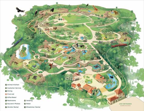 Zoo Map - Santa Barbara Zoo Zoo Layouts Map, Planet Games, Theme Park Planning, Epic Landscape, Zoo Inspiration, Zoo Map, Zoo Design, Zoo Project, Zoo Architecture